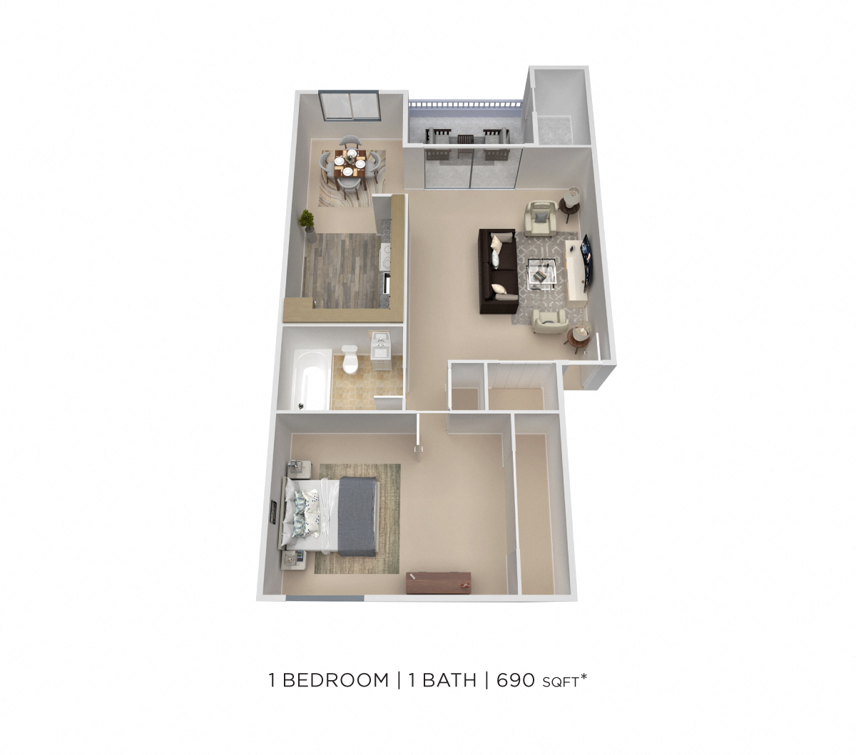 Floor plan for 1 bed, 1 bath, 717 sqft